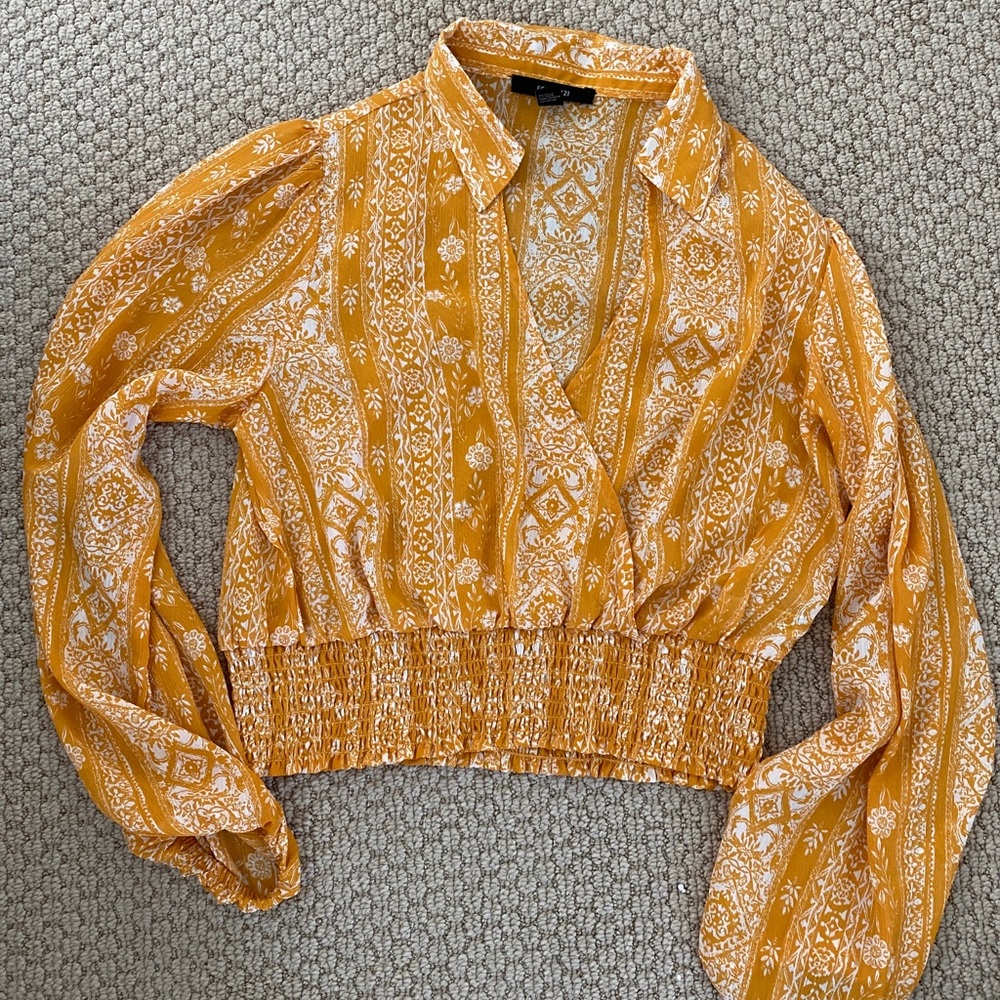 Yellow print festival tribal long sleeve crop top
